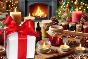 Candele, ambiente natalizio, pacco regalo